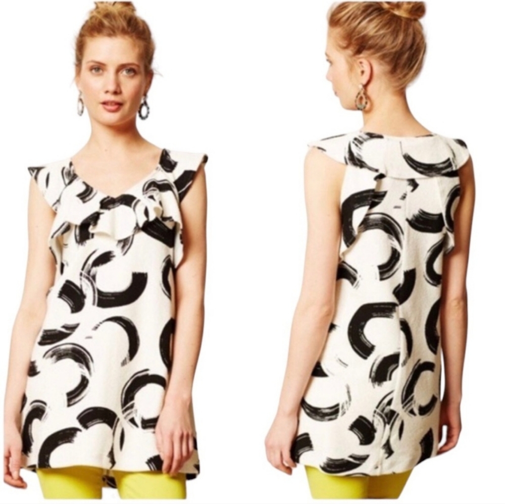 Anthropologie Deletta Pincelada Tunic Top Ruffle Black White Small